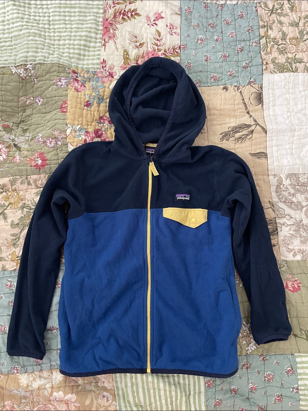 Patagonia Kids Fleece Jacket. Navy & Royal Blue with Yellow Trim and Hood Size S